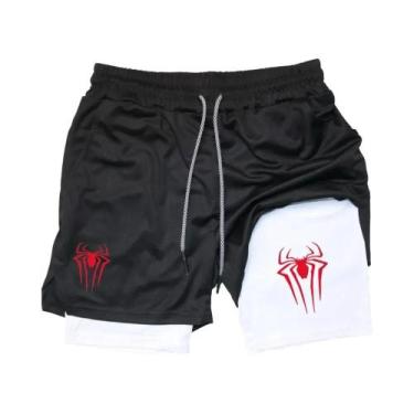 Imagem de Shorts Esportivos Masculinos Com Estampa De Aranha, Compressão 2 Em 1,