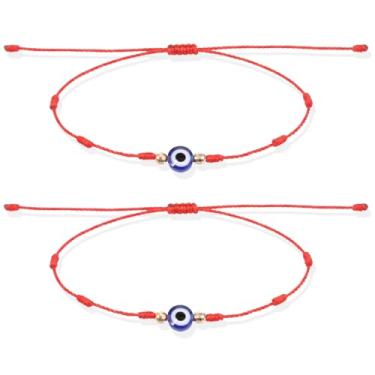 Imagem de 2 pulseiras de olho turco para mulheres e homens, 7 nós de proteção, pulseiras ajustáveis com cordão vermelho com contas douradas, pulseiras trançadas feitas à mão, joias para mulheres, homens
