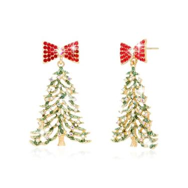 Imagem de Sonateomber Brincos de argola com pingente de árvore de Natal para mulheres, brinco brilhante de estrela de zircônia cúbica para Natal, Natal, Natal, Natal, Natal, Natal, Natal, presente, Latão