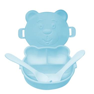 Imagem de Kit Lanchinho Com 2 Potes Ursinho Com Divisórias + Talheres Azul - bebê & Mamãe