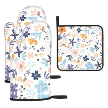 Imagem de Conjunto de cozinha essencial com 3 peças de flores pequenas e frescas, luvas seguras para calor, proteção para churrasco no forno, design de armazenamento suspenso.