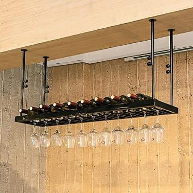 Imagem de APUM Suporte de copo de vinho pendurado, suporte de garrafa de vinho, suporte de vinho para decoração de teto, para bares, restaurantes, suporte de taças, altura e largura ajustáveis