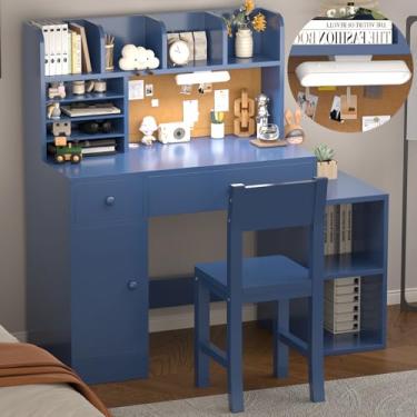 Imagem de RUPOLX Wooden Blue Kids Study Desk and Chair Set with Light, 2 Drawers and 4 Storage Cabinets, Children Desk with 4 Open Hutch and Shelves, Girls Study Desk for Kids Bedroom-002