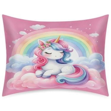 Imagem de Fronha de cetim para cabelo e pele fofo unicórnio arco-íris macio antiderrapante capas de travesseiro sem zíper com fecho de envelope tamanho padrão fronha para cama sofá mulheres homens meninos