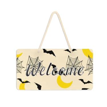 Imagem de Burbuja Placa de boas-vindas Webs Bats Moon para porta da frente, placa de boas-vindas de PVC para pendurar na parede varanda casa de fazenda, decoração de feriados, 15 x 28 cm