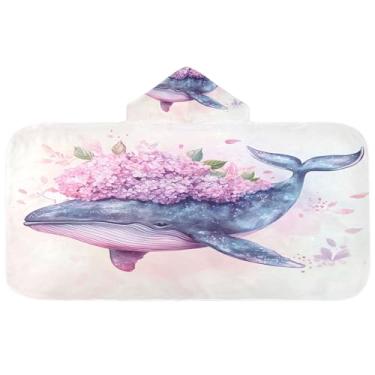 Imagem de Burbuja Toalha de banho com capuz e flores de hortênsia de baleia em aquarela para crianças, toalha de praia de pelúcia macia absorvente para chá de meninas e meninos 3-10 anos, 61 x 127 cm