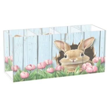 Imagem de Burbuja Porta-canetas de acrílico de parede de madeira Bunny com 4 compartimentos, suporte de lápis transparente para pincéis de maquiagem, acessórios de mesa de escritório em casa
