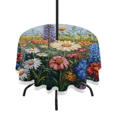 Imagem de CEBUGI Toalha de mesa redonda para uso ao ar livre, flores silvestres, impermeável, com furo Umberlla, capa de mesa lavável para pátio, cozinha, sala de jantar, 152 cm