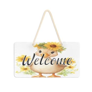 Imagem de Burbuja Placa de boas-vindas em aquarela com flores de pato fofas para porta da frente, placa de boas-vindas de PVC para decoração de férias, 15 x 28 cm