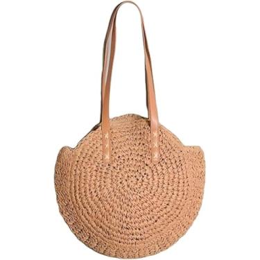 Imagem de Bolsa Redonda de Palha com Forro Caramelo – Moda Praia, Passeio e Verão, Design Atemporal, Alça Longa e Fecho em Zíper
