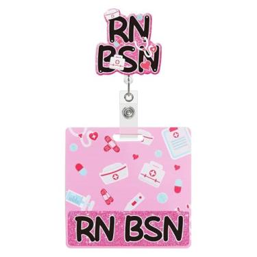 Imagem de Carretel de crachá BSN RN com glitter rosa Buddy Carretel de crachá de enfermeira retrátil BSN RN RN Presentes para enfermeiras