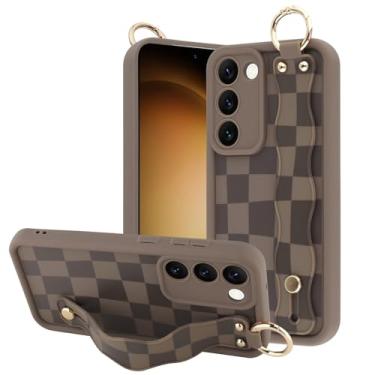 Imagem de OOK Capa quadriculada compatível com Samsung Galaxy S23 5G com alça de pulso, linda capa fina marrom quadriculada quadriculada TPU à prova de choque com proteção de câmera para mulheres e meninas