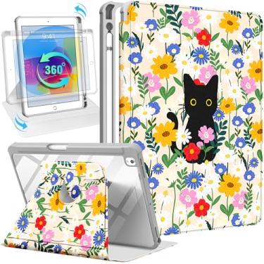 Imagem de Uppuppy Capa para iPad 9ª/8ª/7ª geração para iPad Air 3ª/Pro 10,5 polegadas – Capa inteligente com suporte giratório 360 com suporte para lápis para mulheres, gatos e flores para Apple Tablet 7/8/9