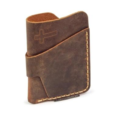 Imagem de Carteira cristã de couro genuíno feita à mão com design de cruz estampada – Carteira cristã minimalista para homens — Carteira masculina fina com bolso frontal gravada — durável, ideia de presente