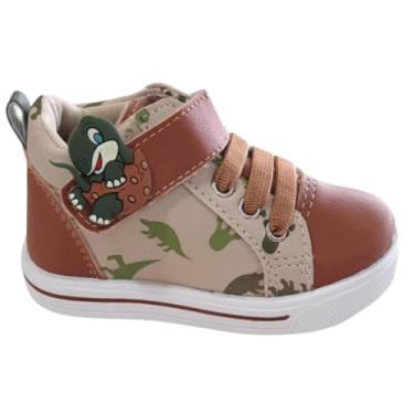 Imagem de Tênis Botinha Bebê Infantil com Estampa de Dinossauro Safari, Cano Alto, Fechamento em Elástico, Couro Sintético, Marrom e Bege (Botinha Dino, ., BR, Bebê, Numérico, 18)
