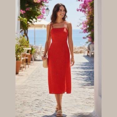 Imagem de Vestido Midi Reto Feminino em Laise Malwee, P, Vermelho