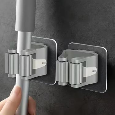 Imagem de 2 peças de gancho de suporte de vassoura para montagem na parede, sem perfuração, clipes autoadesivos para esfregão montados na parede, fácil instalação, organização que economiza espaço para banheiro