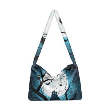 Imagem de Halloween Objects Cute Black Cat Sits Bolsa de ombro feminina de pelúcia, bolsas de ombro para mulheres, bolsas de outono, Halloween Bats Flying Night Full, One Size