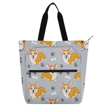 Imagem de GAIGEO Cute Corgi Dogs Bolsa feminina cinza para trabalho lona praia livro bolsa zíper médio presente para amantes de livros bolsas