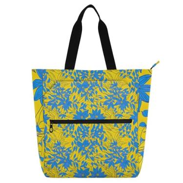 Imagem de GAIGEO Sacola de trabalho com folhas de flores azuis amarelas para mulheres, bolsa escolar de lona com zíper, bolsa de professor com compartimentos