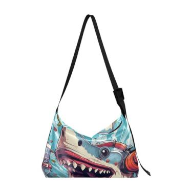 Imagem de GAIGEO Bolsa tiracolo feminina de couro com pintura preta e dourada abstrata, bolsa tiracolo de couro vegano, bolsa grande com zíper, Happy Shark-4, One Size