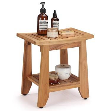 Imagem de TEAKAURA Banco de chuveiro de teca, banco de banho compacto de madeira impermeável de 35 cm com prateleira e alça de armazenamento, cadeira de chuveiro de teca sólida antiderrapante para banheiros