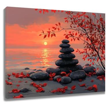 Imagem de EOBTAIN Arte de parede Zen Pedra costeira com folha vermelha sob o pôr do sol arte de parede em tela para banheiro, quarto, sala de estar, praia, planta, natureza, paisagem, pinturas, spa, ioga