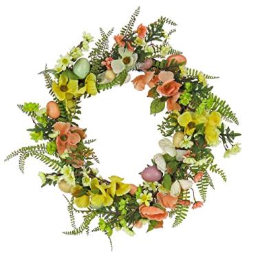 Imagem de National Tree Company Guirlanda artificial de primavera, base de ramo tecido, decorada com ovos pastel coloridos, flores rosa e amarelas, samambaias, folhas verdes, coleção de Páscoa, 55 cm