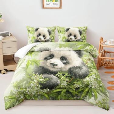 Imagem de AILONEN Lindo edredom de panda casal com 2 fronhas, conjunto de cama de animal kawaii, 3 peças, para decoração de quarto, verde e respirável