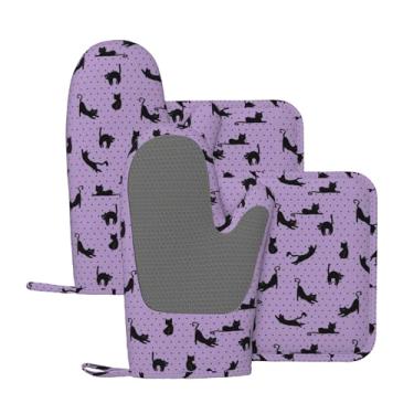 Imagem de NELife Conjunto de 4 luvas de forno e suportes de panela para gatos pretos, almofadas quentes resistentes com luvas antiderrapantes de poliéster para churrasco, para cozinha, cozimento, grelhar