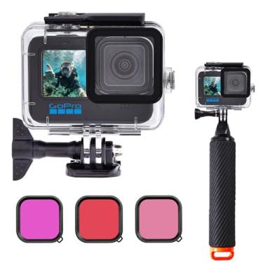 Imagem de Capa de casa à prova d'água com conjunto de filtros de mergulho e alça flutuante para Gopro Hero 9/10/11/12/13, capa protetora para mergulho profundo de 60 m/197 pés