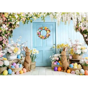 Imagem de DePhoto Pano de fundo de 1,8 x 1,8 m para primavera, Páscoa, coelhinho, coelho, colorido, ovos, flores, retrô, azul, fundo de madeira, para decoração de festa de aniversário de Páscoa, ao ar livre