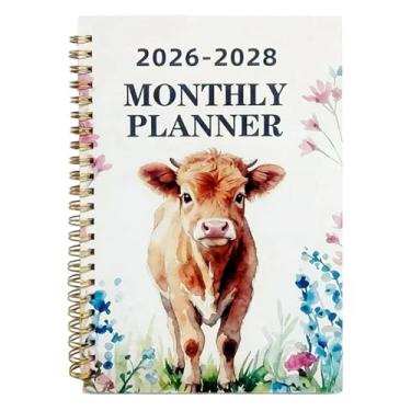 Imagem de Calendário de planejamento mensal 2026-2028, padrão de vaca Highland, caderno encadernado em espiral de 21 x 14 cm com layout semanal e mensal, 36 meses para escola, escritório e planejamento
