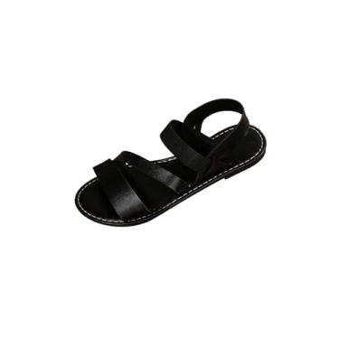 Imagem de GORGLITTER Sandálias femininas rasteiras de tiras abertas para o verão, elegantes e com tira no tornozelo, sapatos deslizantes, Preto, 41