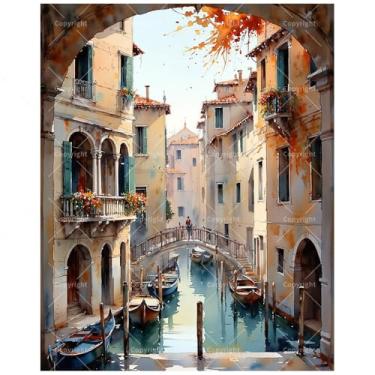 Imagem de Kit de pintura por números de arquitetura europeia de outono para adultos - Pintura DIY do Canal de Veneza em tela, 20 x 30 cm, conjunto de tinta acrílica emoldurada para iniciantes, arte artística de