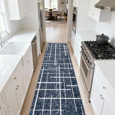 Imagem de TTelephant Tapete antiderrapante para corredor 5 x 25 cm, listra azul moderna envelhecida, tapete longo lavável, tapete de tecido fino de pêlo baixo para corredor, entrada de 3 metros, cozinha