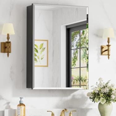 Imagem de Keazile Armário de remédios de 50 x 71 cm com espelho, armário de espelho de banheiro de alumínio, porta única espelhada com borda chanfrada, prateleiras ajustáveis, espelhos de montagem de superfície