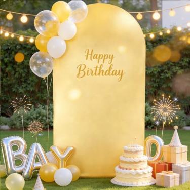 Imagem de Capa de fundo de arco amarelo e dourado, 1,8 m, para casamento, cenário elástico, festa de aniversário, arco dourado, elastano para banquete, formatura, chá de bebê, decoração de fotos