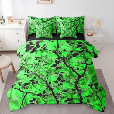 Imagem de Conjunto de cama King com 7 peças de camuflagem verde, chalé rústico em uma bolsa, galhos da floresta com folhas, conjunto de edredom, conjunto de lençóis, fronhas e fronhas, decoração de quarto