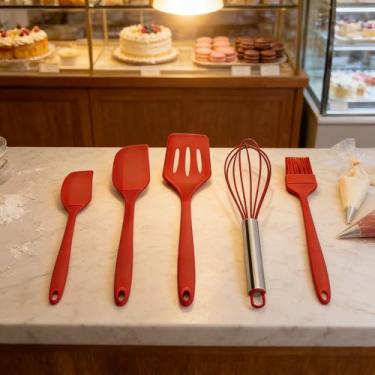 Imagem de Conjunto de 5 espátulas de silicone premium, utensílios de cozinha resistentes ao calor para assar e panelas antiaderentes (vermelho)
