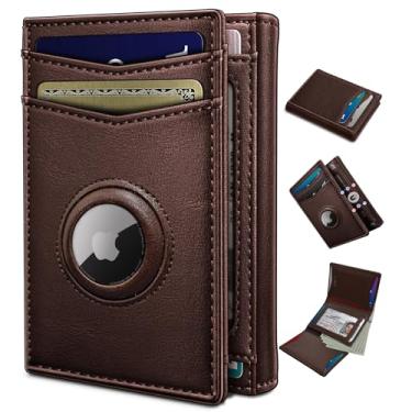 Imagem de miyozi Carteira masculina AirTag, com bolso para dinheiro, 2 janelas para identidade, 14 a 16 cartões, fecho magnético, carteira de couro fina com três dobras, 10 cm x 7,9 cm, bolso frontal com