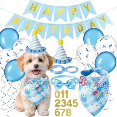 Imagem de Cosblank Conjunto de suprimentos de decoração de festa de aniversário de cachorro azul, conjunto completo com chapéu, gravata borboleta, bandana, faixa para decoração temática para cães pequenos