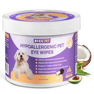 Imagem de HICC PET Lenços umedecidos para cães e gatos - Remova suavemente manchas de lágrima, detritos oculares, secreções de muco - Óleo de coco para limpeza de animais de estimação, lenços desodorizantes