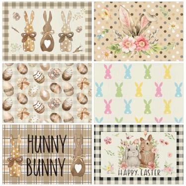 Imagem de CHENGU 6 peças de jogo americano de plástico para coelhinho da páscoa 17,7 x 11,8 polegadas fazenda coelhos ovo búfalo tapete de mesa de Páscoa para decoração de festas de Natal cozinha mesa de jantar