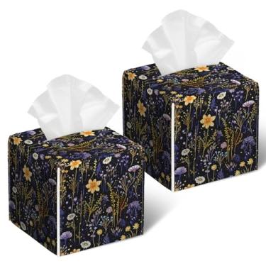 Imagem de Capa de caixa de lenços de ervas silvestres 2 peças, suporte de caixa de lenços de couro de flor roxa quadrada capa de papel facial caixa de lenços organizador de cubo para banheiro, quarto, mesa