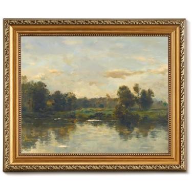Imagem de Vodefoad Arte de parede em tela com moldura dourada vintage paisagem de rio 28 x 35 cm