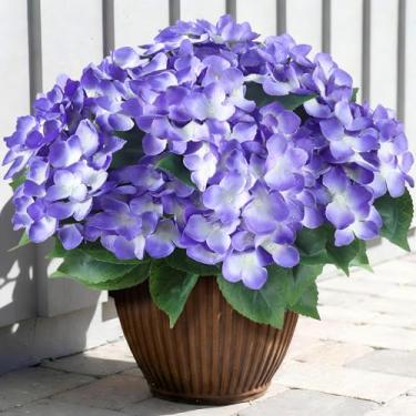 Imagem de FOTEEWL 16 pacotes de flores artificiais de hortênsia para decoração ao ar livre, buquês de seda falsa realistas, resistentes ao sol, plantas falsas para porta da frente, varanda, quinta, jardim, casa