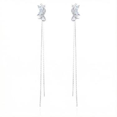 Imagem de LMQLMK Brincos longos de borla de borboleta com pingente de borboleta de zircônia cúbica femininos delicados brincos de corrente longa pendurada, Medium, Cobre, Zircônia cúbica