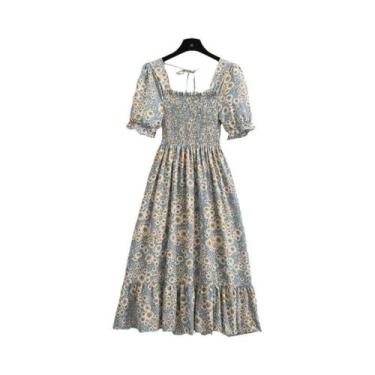 Imagem de Vestido Casual Feminino De Chiffon Com Cintura Elástica, Pregas E Mang