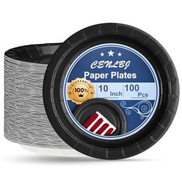 Imagem de CENLBJ Pratos de papel pretos de 25 cm para festa - 100 unidades - Pratos de jantar descartáveis para churrasco, aniversário, férias e uso diário